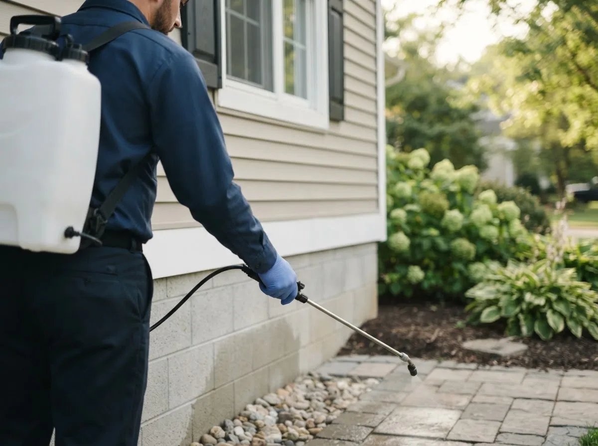 Pest control technician inspecting a home in Valles Mines, MO